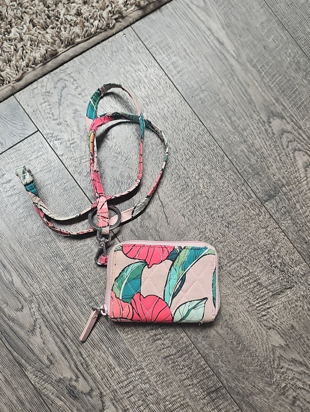 Vera Bradley Pink Floral Zip Card Holder with Matching Lanyard
